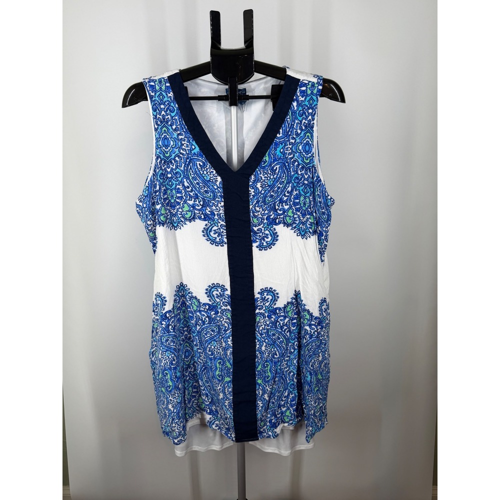 Caribbean Joe Womens Blue Paisley V-Neck Sleeveless Tunic Top Size XL